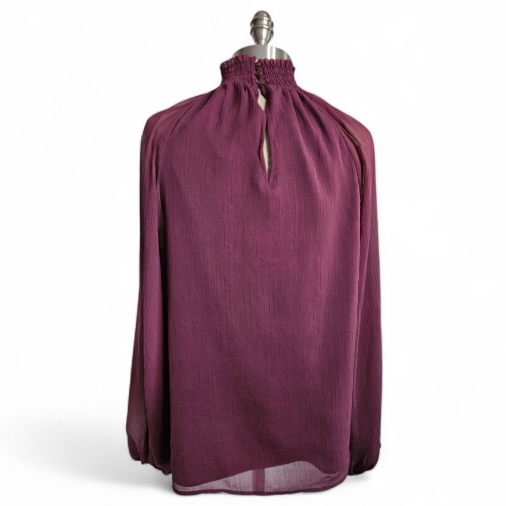 JOIE Long Sleeve Smocked High Neck Sheer Layered Wine Blouse | SZ M - Picture 4 of 10